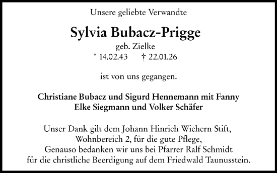 Traueranzeige von Sylvia Bubacz-Prigge von Wiesbadener Kurier