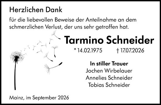 Traueranzeige von Tarmino Schneider von Allgemeine Zeitung Mainz