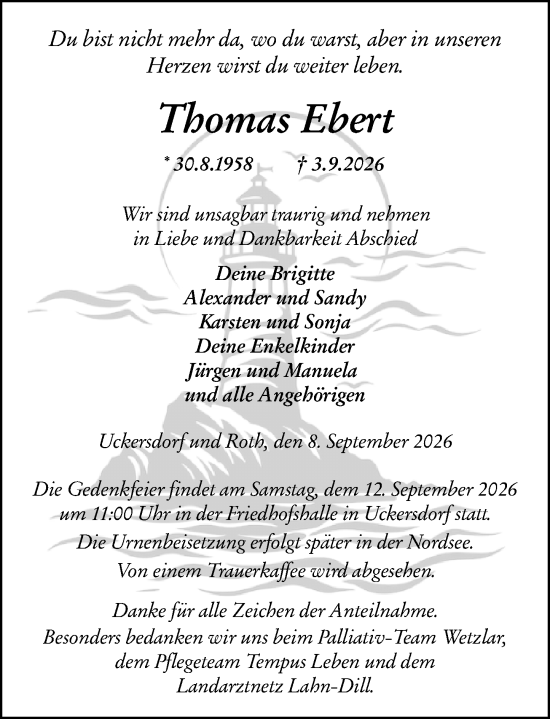 Traueranzeige von Thomas Ebert von Dill Block