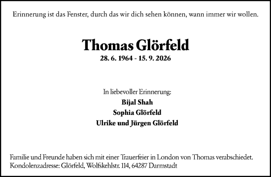 Traueranzeige von Thomas Glörfeld von Darmstädter Echo