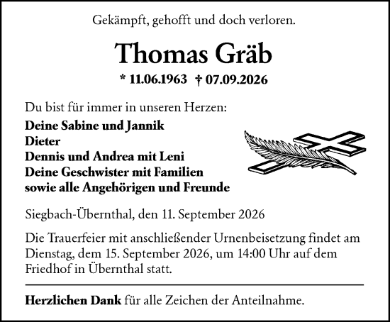 Traueranzeige von Thomas Gräb von Dill Block