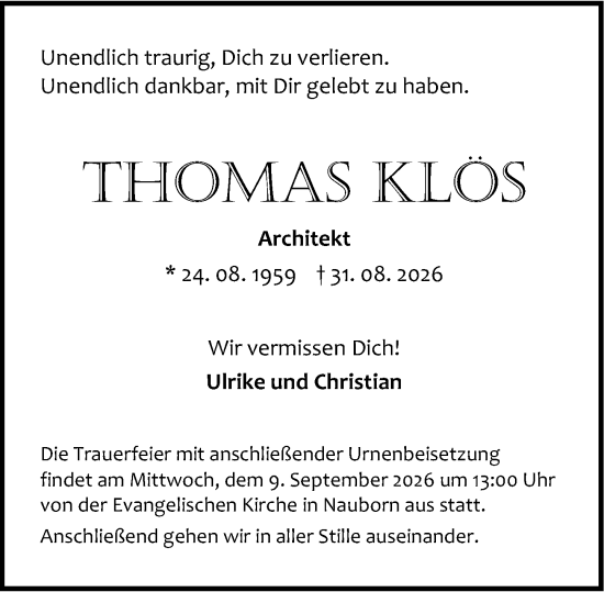 Traueranzeige von Thomas Klös von Wetzlarer Neue Zeitung