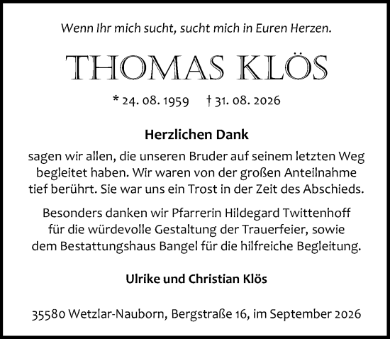 Traueranzeige von Thomas Klös von Wetzlarer Neue Zeitung