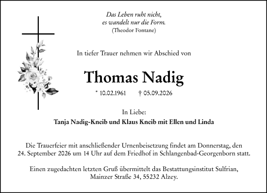 Traueranzeige von Thomas Nadig von Allgemeine Zeitung Mainz