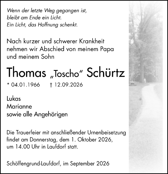 Traueranzeige von Thomas Schürtz von Wetzlarer Neue Zeitung