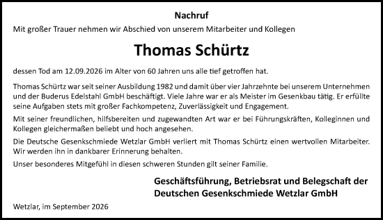 Traueranzeige von Thomas Schürtz von Wetzlarer Neue Zeitung