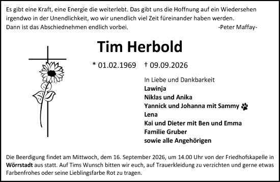 Traueranzeige von Tim Herbold von Allgemeine Zeitung Alzey