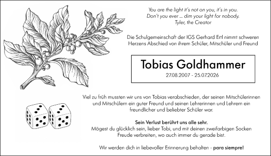 Traueranzeige von Tobias Goldhammer von Allgemeine Zeitung Rheinhessen-Nahe