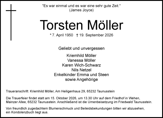 Traueranzeige von Torsten Möller von Wiesbadener Kurier