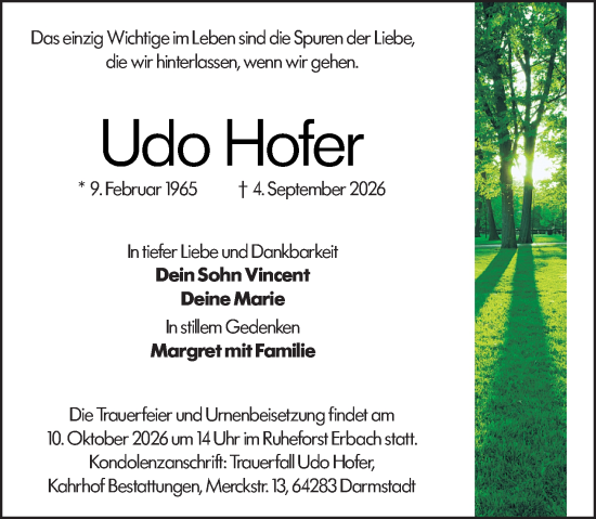 Traueranzeige von Udo Hofer von Odenwälder Echo
