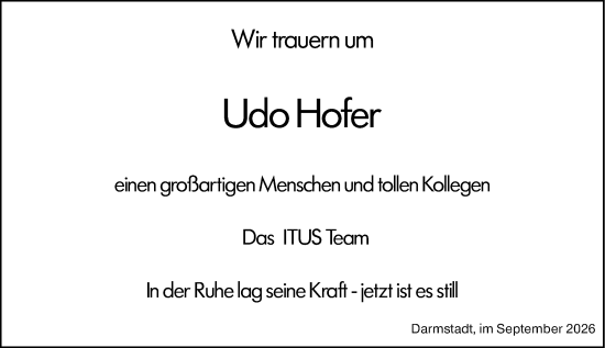 Traueranzeige von Udo Hofer von Odenwälder Echo