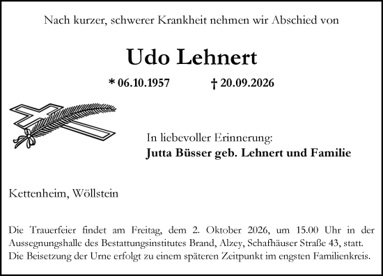Traueranzeige von Udo Lehnert von Allgemeine Zeitung Alzey