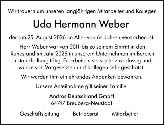 Traueranzeige von Udo Hermann Weber von Odenwälder Echo