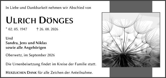 Traueranzeige von Ulrich Dönges von Wetzlarer Neue Zeitung