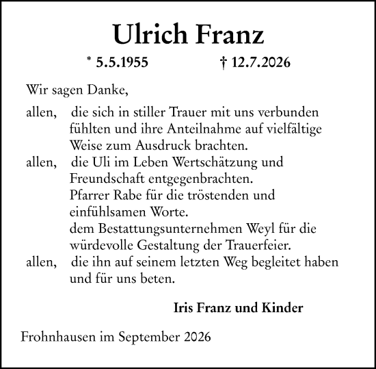 Traueranzeige von Ulrich Franz von Dill Block