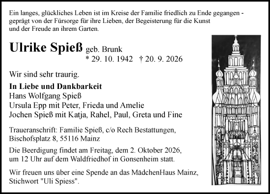 Traueranzeige von Ulrike Spieß von Allgemeine Zeitung Mainz