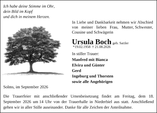 Traueranzeige von Ursula Boch von Wetzlarer Neue Zeitung