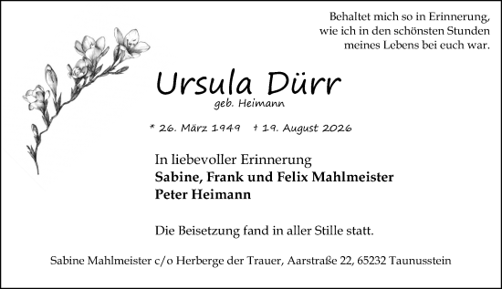 Traueranzeige von Ursula Dürr von Idsteiner Land/Untertaunus
