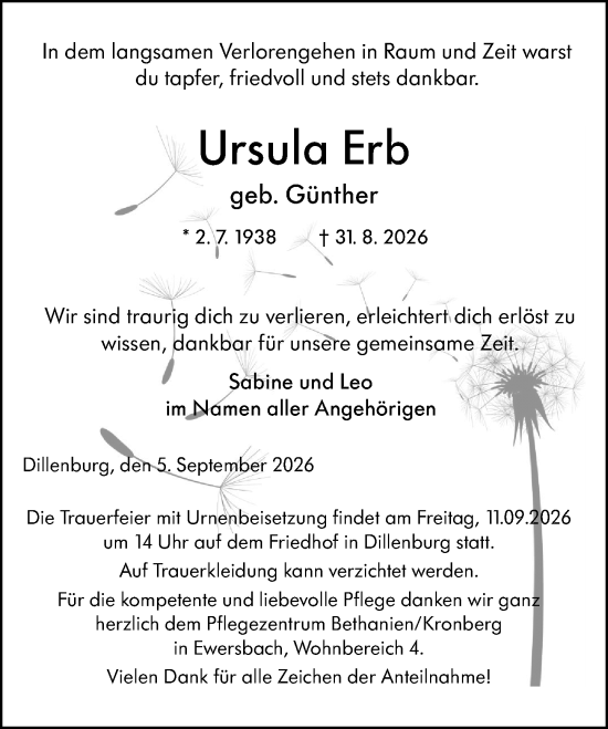 Traueranzeige von Ursula Erb von Dill Block