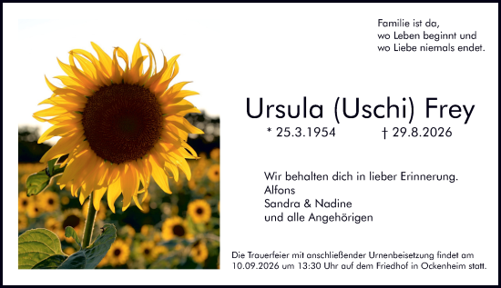 Traueranzeige von Ursula Frey von Allgemeine Zeitung Rheinhessen-Nahe