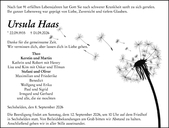 Traueranzeige von Ursula Haas von Dill Block
