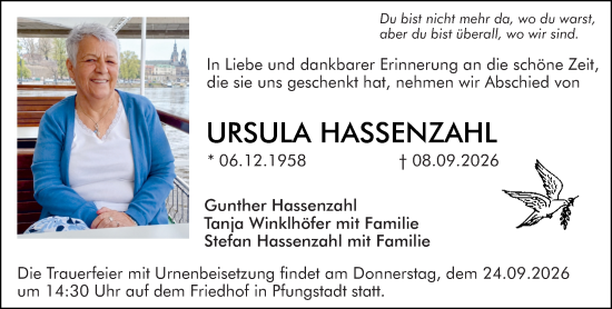 Traueranzeige von Ursula Hassenzahl von Darmstädter Echo