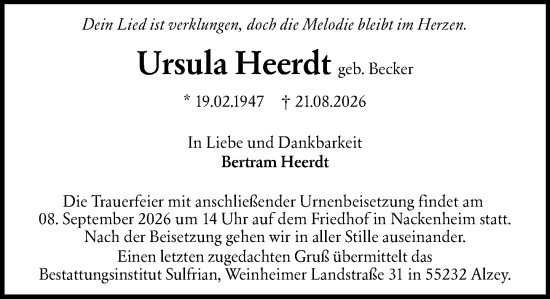 Traueranzeige von Ursula Heerdt von Allgemeine Zeitung Mainz