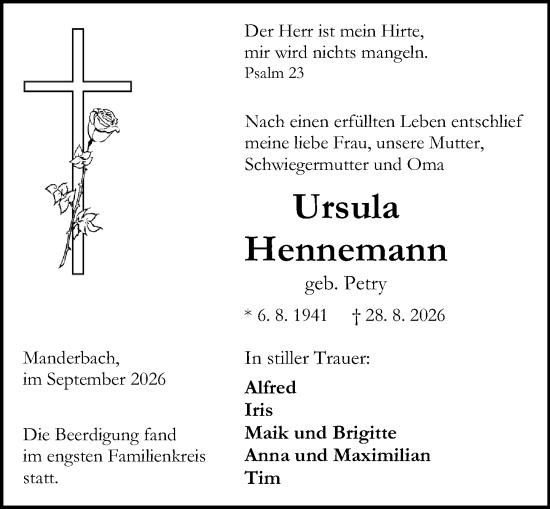 Traueranzeige von Ursula Hennemann von Dill Block
