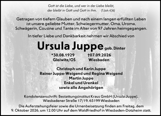 Traueranzeige von Ursula Juppe von Wiesbadener Kurier