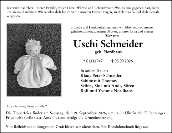 Traueranzeige von Uschi Schneider von Dill Block