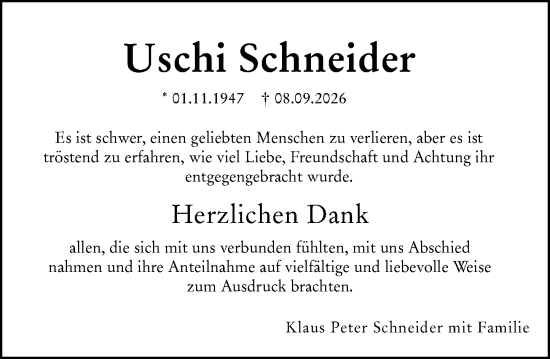 Traueranzeige von Uschi Schneider von Dill Block