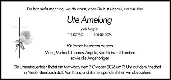 Traueranzeige von Ute Amelung von Darmstädter Echo