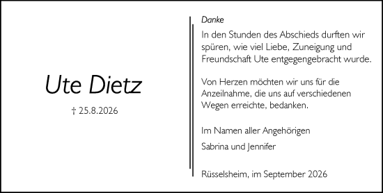 Traueranzeige von Ute Dietz von Rüsselsheimer Echo
