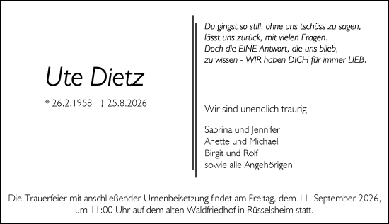 Traueranzeige von Ute Dietz von Rüsselsheimer Echo