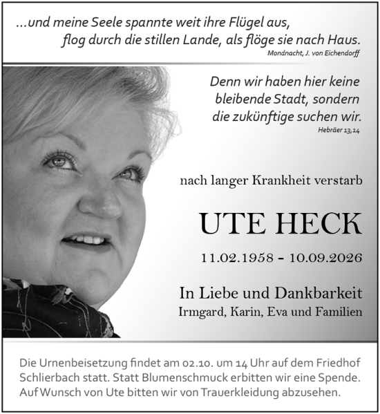 Traueranzeige von Ute Heck von Hinterländer Anzeiger