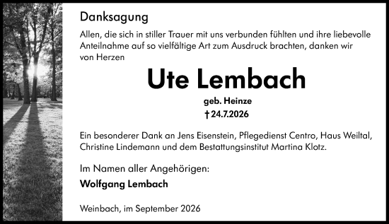 Traueranzeige von Ute Lembach von Weilburger Tageblatt