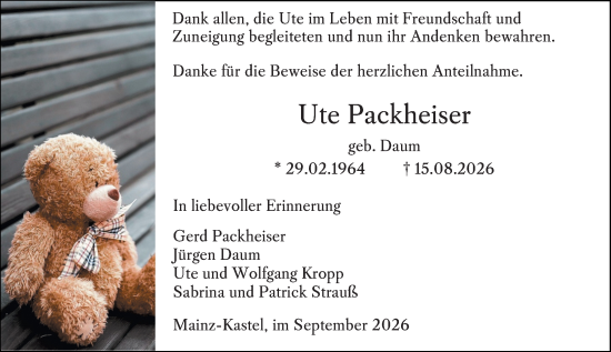 Traueranzeige von Ute Packheiser von Rüsselsheimer Echo