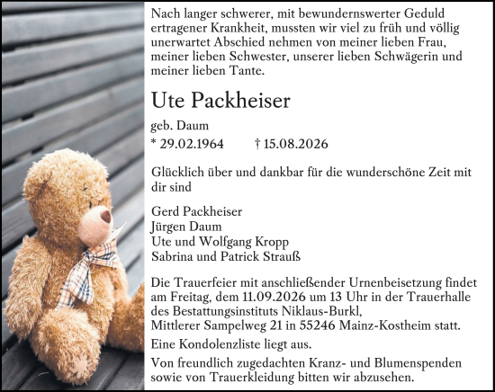 Traueranzeige von Ute Packheiser von Rüsselsheimer Echo