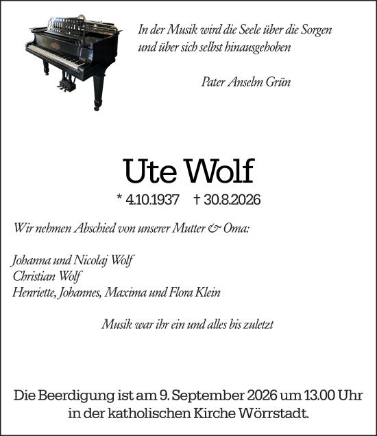 Traueranzeige von Ute Wolf von Allgemeine Zeitung Alzey