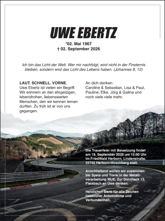 Traueranzeige von Uwe Ebertz von Dill Block