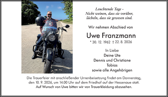 Traueranzeige von Uwe Franzmann von Groß-Gerauer Echo
