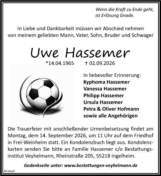 Traueranzeige von Uwe Hassemer von Allgemeine Zeitung Rheinhessen-Nahe