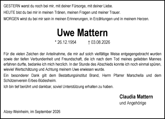 Traueranzeige von Uwe Mattern von Allgemeine Zeitung Alzey