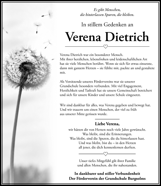 Traueranzeige von Verena Dietrich von Wetzlarer Neue Zeitung
