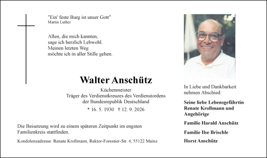 Traueranzeige von Walter Anschütz von Allgemeine Zeitung Mainz