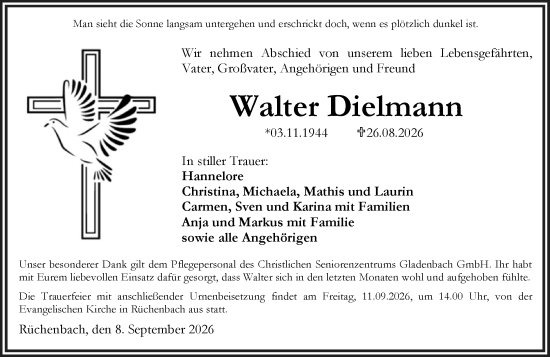 Traueranzeige von Walter Dielmann von Hinterländer Anzeiger