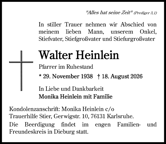 Traueranzeige von Walter Heinlein von Dieburger Anzeiger/Groß-Zimmerner Lokal-Anzeiger