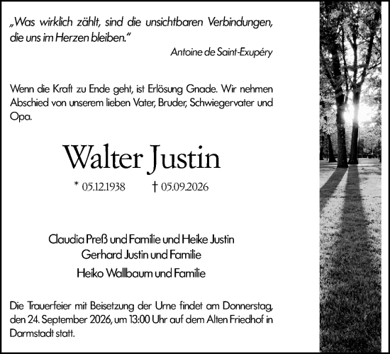 Traueranzeige von Walter Justin von Darmstädter Echo