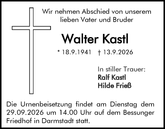 Traueranzeige von Walter Kastl von Darmstädter Echo