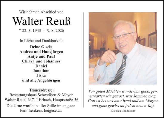 Traueranzeige von Walter Reuß von Odenwälder Echo